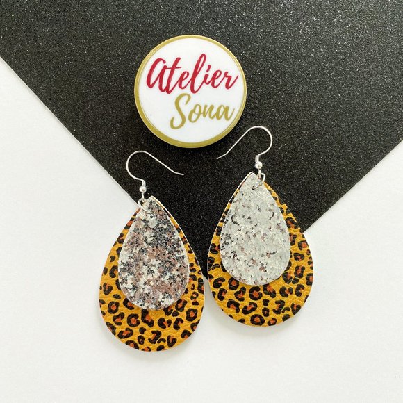 Atelier Sona Jewelry - Sparkly Leopard Print Tear Drop Earrings - Silver